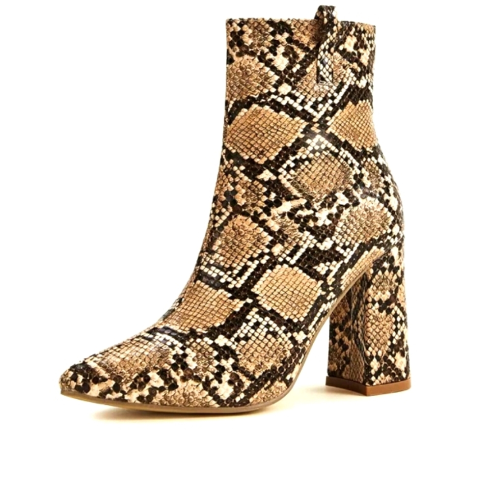 Point Toe Snakeskin Chunky Heeled Boots